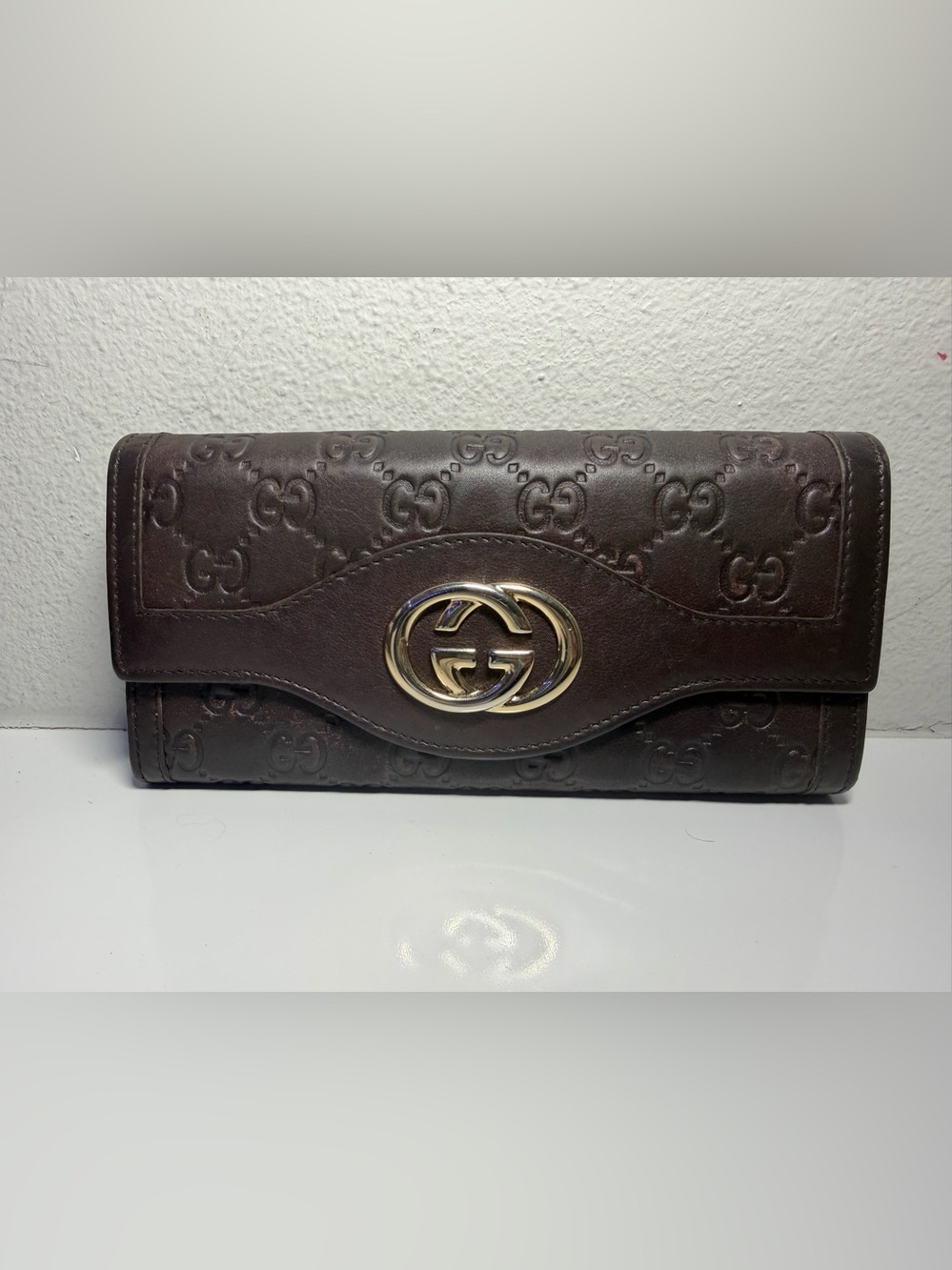 COA-Included Gucci Dark Brown GG Embossed Leather Long Wallet with Gold Hardware